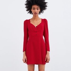 𝅺Zara Red Black Polka Dot Longsleeve Dress Size XS